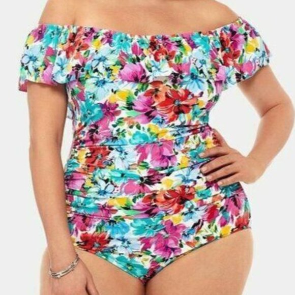 Swim Solutions  22W One Piece Off The Shoulder Or With Straps Tummy Control - Picture 1 of 8